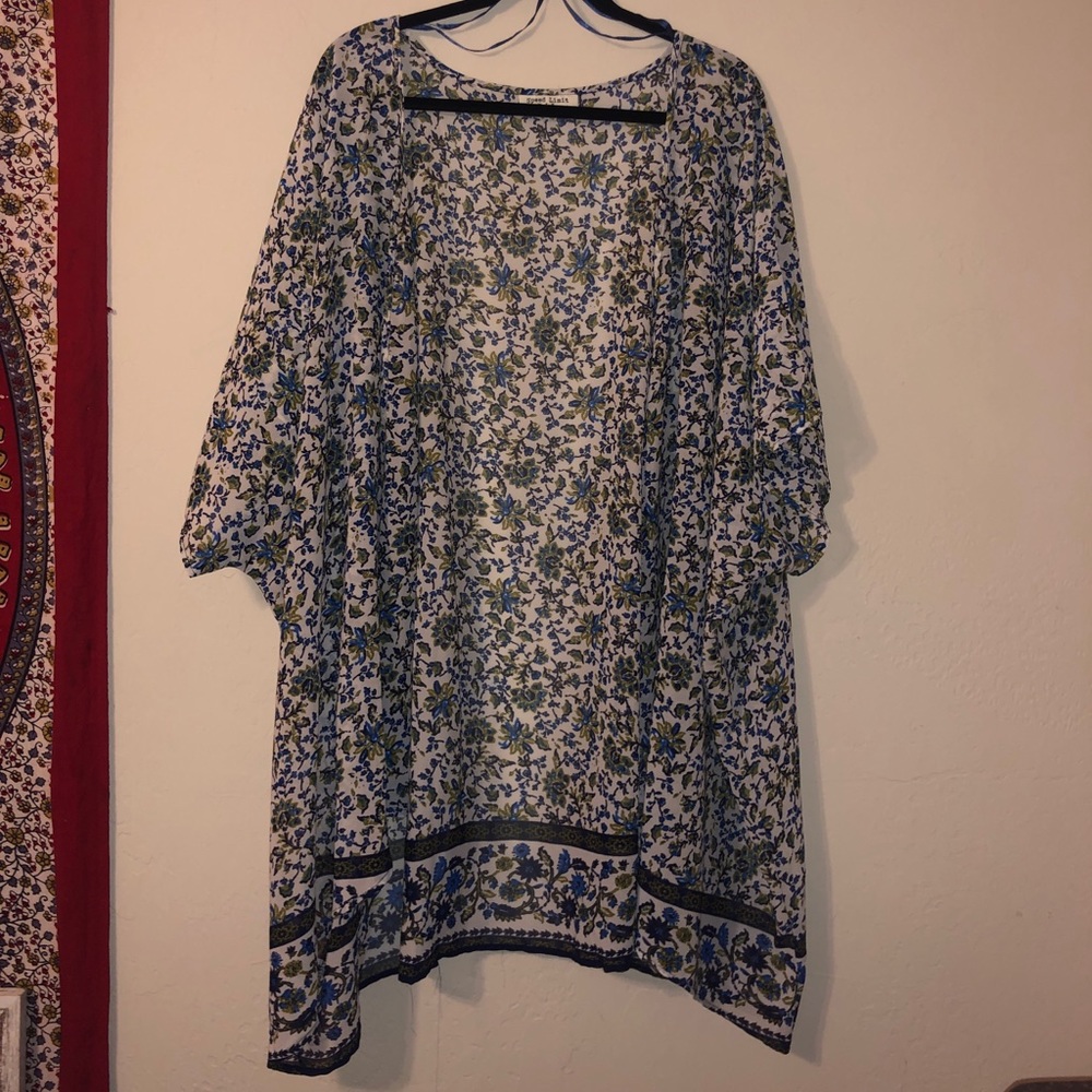 green and blue floral 2X kimono